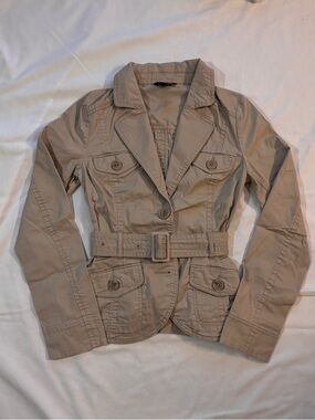 Beige H&M Belted Cotton Utility Jacket